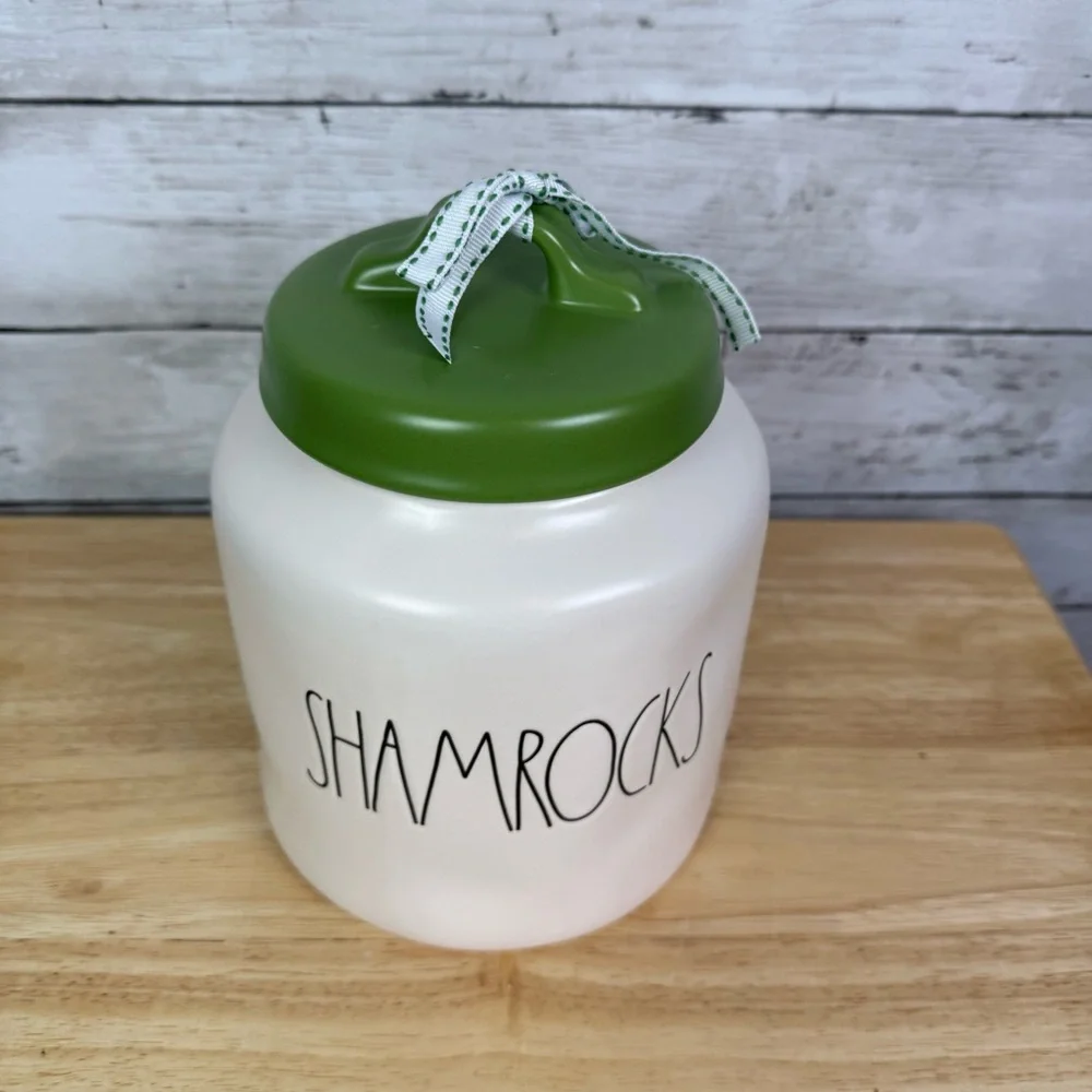 Rae Dunn Shamrocks Canister Matte White & Green